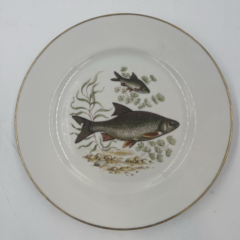Vintage J.K.W West Germany Fish Collector Plates 10.25 Inch Porcelain Gold Rim